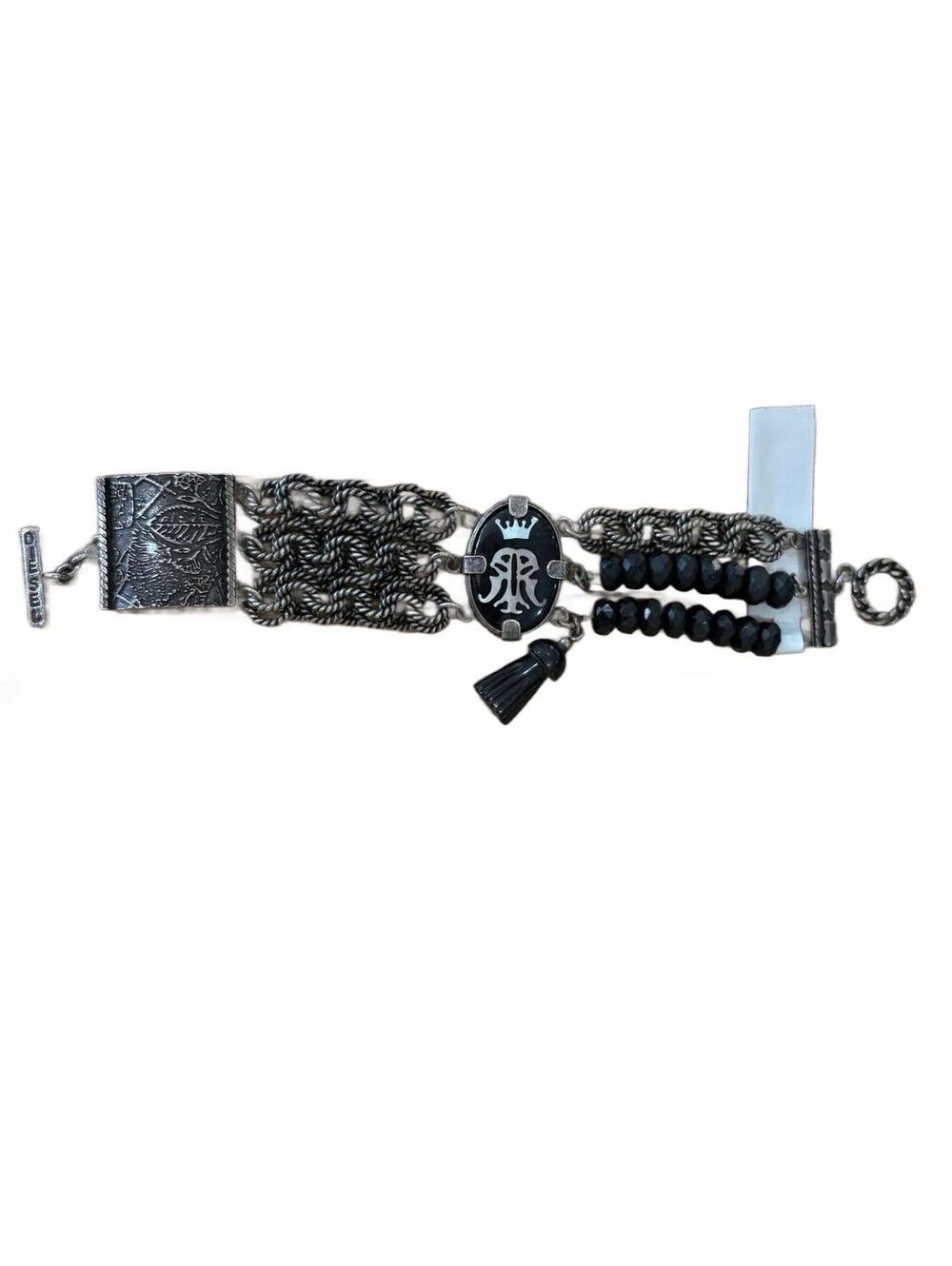 Diesel VintageSilver Chain Bracelet with Black Beads and Tassel Charm